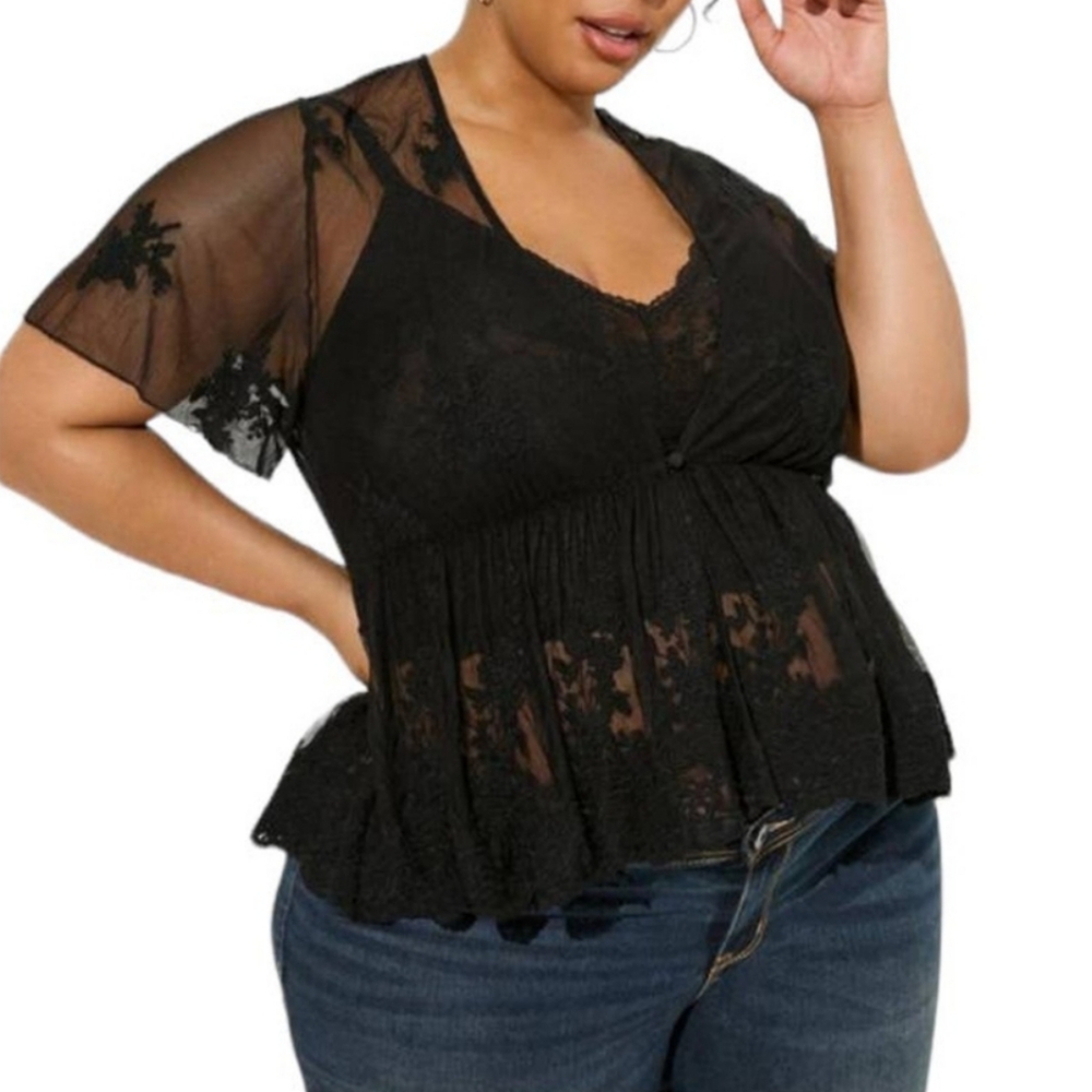 Torrid Embroidered Mesh Peplum Kimono Blouse